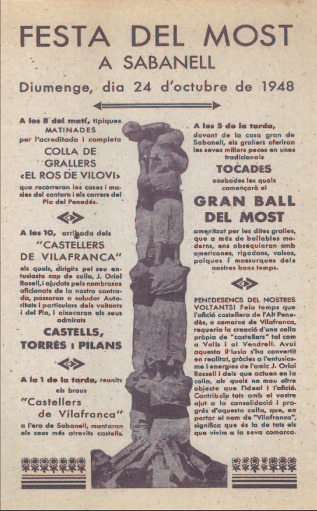 El primer cartell publicitari que anunciava els Castellers de Vilafranca –tot ell en català– és aquest de la Festa del Most de Sabanell, que organitzava el doctor Valero