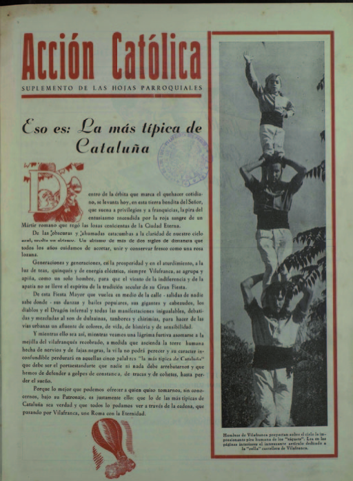 La portada del número d’Acción Católica previ a la Festa Major vilafranquina del 1949 incloïa la imatge d’un dels pilars de quatre aixecats a Sabanell, amb Josep Valletbò, Joan Soler (Pells) i Josep Sala.