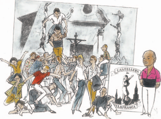 Estampa principal d’una nadala de Manuel Baró corresponent a l’any 2009; representa una mena de collage que barreja la imatge castellera més típica de Sant Cugat amb els divertiments fets a l’era de Sabanell, a més de l’escut de la colla i la caricatura de l’Oriol Rossell (col·lecció de l’autor; podem afegir que a petició de qui això subscriu, a l’hora d’il·luminar el bonic dibuix, la camisa del primer cap de colla vilafranquí fou pintada de color rosat).