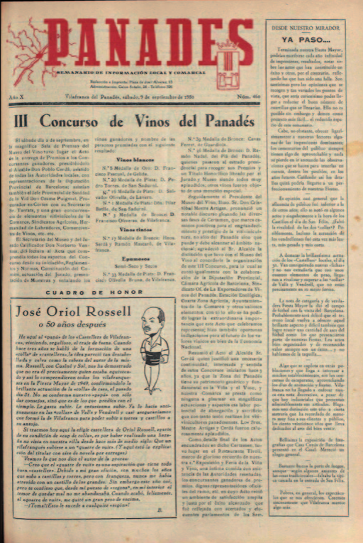 Portada de Panadés, amb la primera caricatura del Mascle de Sant Marçal, feta per Manuel Baró.