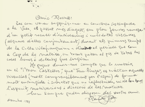 La carta manuscrita que Ramon Sala va enviar a l’Oriol Rossell, el desembre del 1981, acompanyada de les seves sucoses «memòries» castelleres