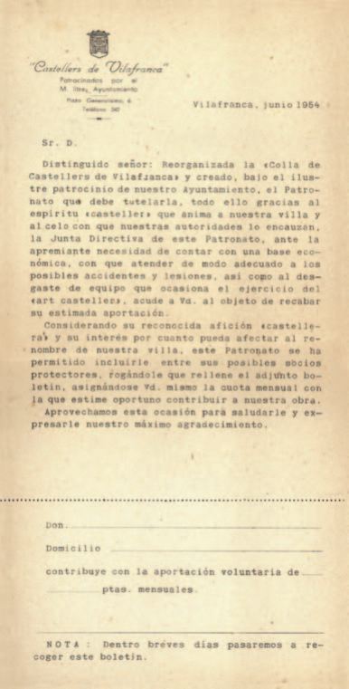 Butlleta de captació de socis del primer Patronat dels Castellers de Vilafranca