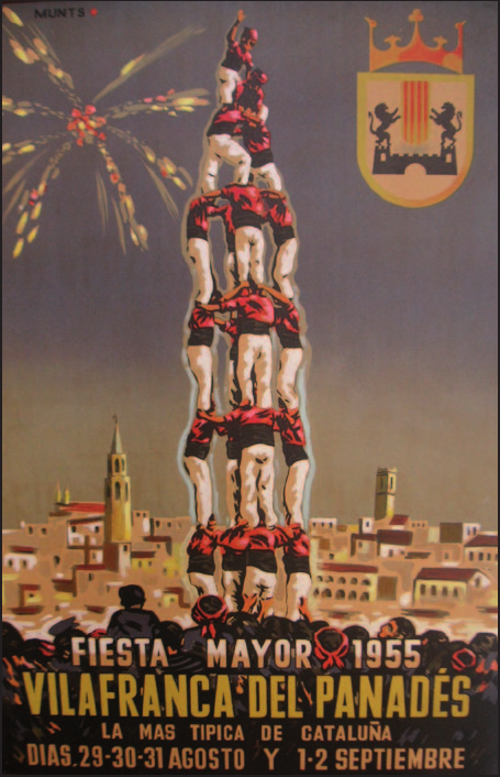 Cartell il·lustrat de la Festa Major de Vilafranca de 1955, amb un castell i el campanar de Santa Maria.