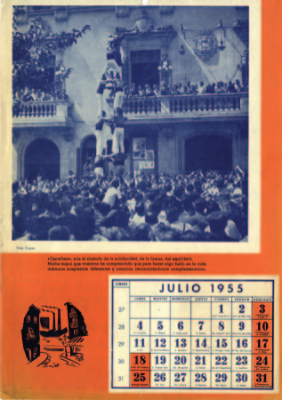 Calendari editat per Destil·leries Cusiné amb la fotografia d'un tres de set aixecat pels Nens del Vendrell l'any 1948