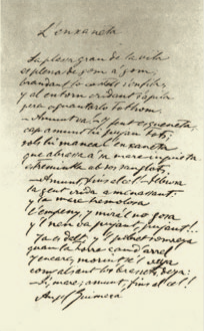 Document manuscrit reproduït al costat del mural de Carles Quer i Huet.