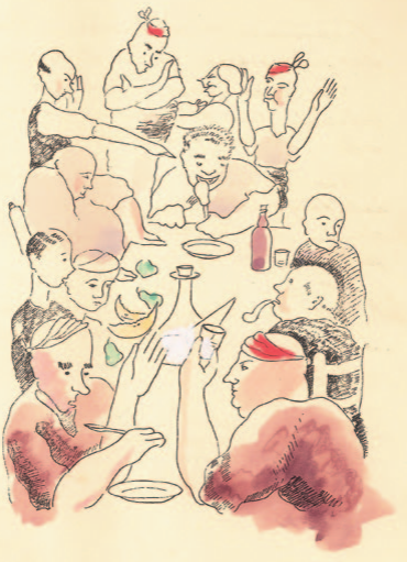 Dibuix de Pau Boada que representa l’àpat posterior a l’actuació de Festa Major (extret de 10 glosas de Fiesta Mayor, 1945).