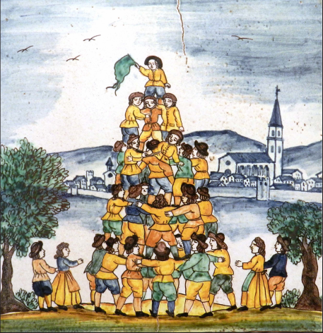 Una recreació iconogràfica dels sostres d’homes del Ball de Valencians –a l’època que va viure el Baró de Maldà– obrada al taller de ceràmica artesanal Esteve-Via –can Fontanals– d’Avinyonet del Penedès.