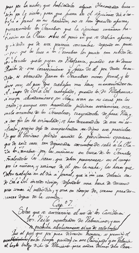 Detall d’una part de l’informe del Alcalde Mayor y Corregidor interino de Vilafranca y pueblos vecinos desde 1782 a 1786, Manuel Llorca Agulló, que es guarda a l’Archivo General de Simancas.