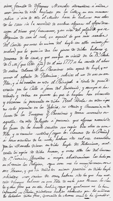 Detall d’una part de l’Informe del Alcalde Mayor y Corregidor interino de Villafranca y pueblos vecinos desde 1782 a 1786, Manuel Llorca Agulló, que es guarda a l’«Archivo General de Simancas».