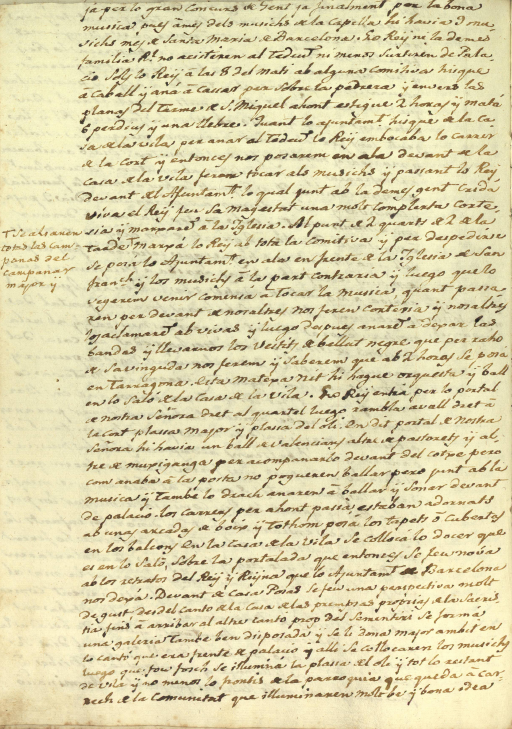 Pàgina del dietari del vilafranquí Salvador Miret on es fa esment de les ballades dels Valencians, les Pastorets, la Moixiganga i el Drac amb motiu de la visita del rei d’Espanya Carles IV a Vilafranca, el 1802 (Arxiu Històric de la ciutat de Barcelona).